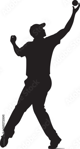 A fielder mid-throw, body twisting, arm extended. full length silhouette black vector illustration