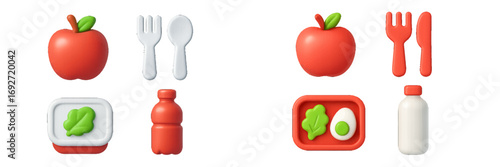 Colorful healthy lunch items and meal preparation essentials including fresh apples, cutlery, and food containers