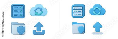 Volumetric blue icons representing cloud synchronization, secure file folders, data server racks, and upload functions for web and app interfaces