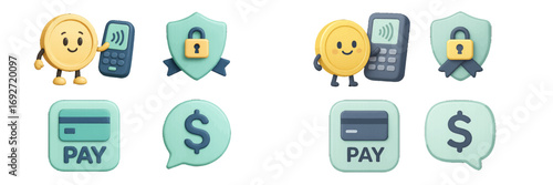 3D financial and payment elements with coin, POS terminal, security shield, and credit card for e-commerce