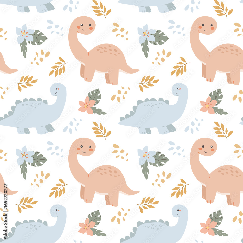 Obraz premium Cute dinosaur pattern with leaves and flowers on black background.