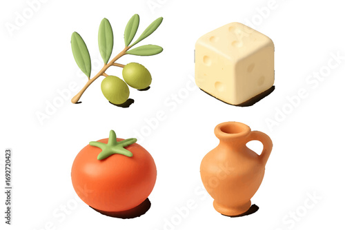 Stylized food and ancient objects: olive branch, cheese, tomato, amphora