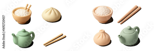 Clean modern Asian food and drink items featuring rice bowls, steamed dumplings, teapots, and chopsticks