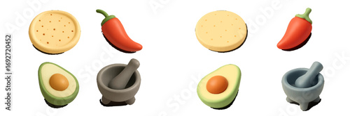 Stylized food ingredients and kitchen tools set with tortillas, chili peppers, avocados, and mortars for preparing delicious Mexican and Latin American cuisine