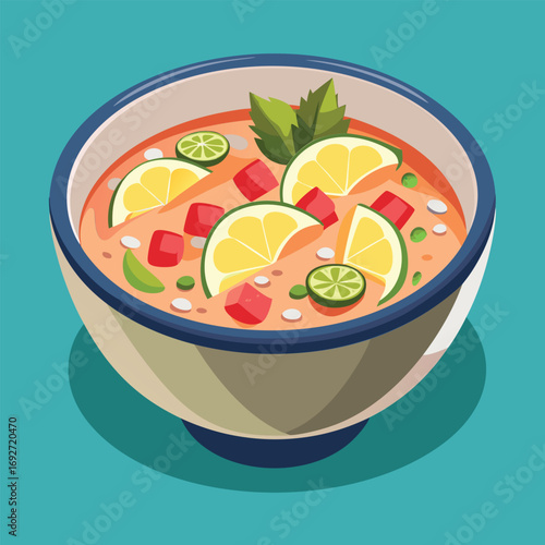 A bowl of vibrant soup featuring various vegetables and citrus slices