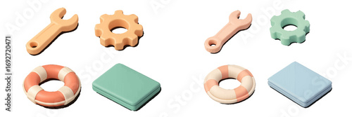 Colorful stylized wrenches, gears, lifebuoys, and boxes for utility and safety