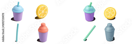 Stylized collection of colorful beverage cups, cocktail shakers, and lemon slices with drinking straws