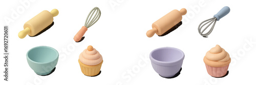 Colorful pastel baking tools including whisks, rolling pins, and mixing bowls, beautifully arranged with sweet cupcakes for dessert