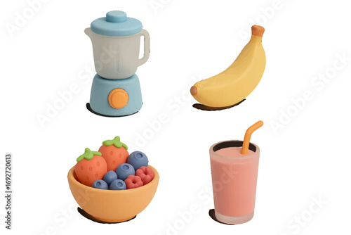 Collection of healthy smoothie ingredients including blender, banana, berries, and a glass of fruit drink