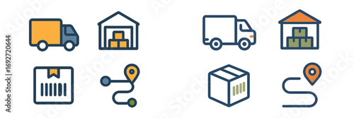 Logistics and delivery icon set with truck, warehouse, package, and shipping route symbols for transportation business