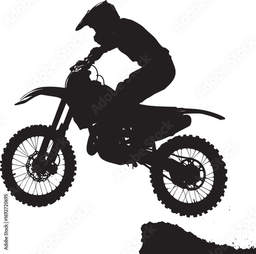 A rider lifting both wheels off the ground to jump over an obstacle. full length silhouette black vector illustration