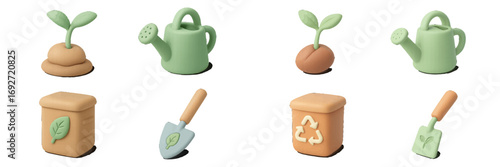 Eco-friendly gardening and plant growth icons featuring watering can, shovel, recycling bin, and sprouting plants for sustainable living