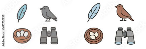 Vibrant birdwatching and nature-themed icons featuring binoculars, various birds, feathers, and nests with eggs