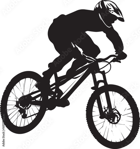 Gravity-Defying Ride Cyclist suspended in air, bike angled, silhouette art.