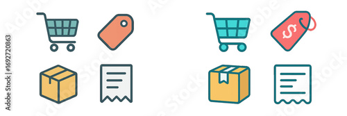 Modern e-commerce and online shopping elements: shopping carts, price tags, delivery boxes, payment receipts