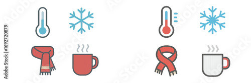 Collection of winter weather and comfort icons featuring thermometers, snowflakes, scarves, and steaming mugs