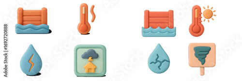 Stylized 3D symbols representing climate change, natural disasters, environmental hazards, and extreme weather events