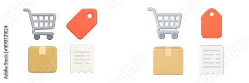 E-commerce shopping cart, price tag, package, and receipt icons for online retail and digital marketplace applications