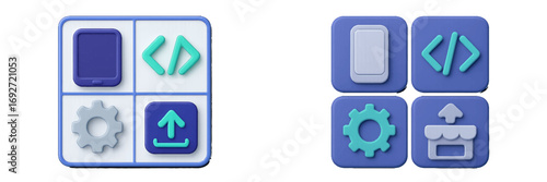 Modern digital application development and mobile technology icons for user interface design elements and web services