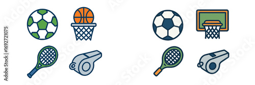 Assorted sports equipment icons: soccer ball, basketball, tennis racket, whistle