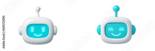 Smiling robot head with antenna on white background