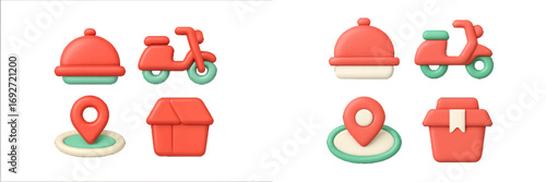 Volumetric icon collection for online delivery services featuring a scooter, location marker, food cloche, and package symbol