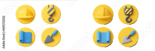 3D construction icon set with hard hat, crane hook, blueprint, and trowel for building and engineering projects