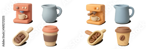 Set of coffee making equipment icons in a minimalist 3D style including espresso machine, travel mug, milk pitcher, and scoop with beans