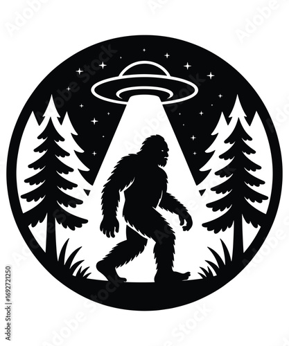 Bigfoot and UFO Silhouettes in a Forest at Night