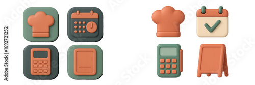 3D restaurant and food business icon set with chef hat, calendar for booking, calculator, and payment terminal