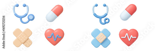 Collection of modern medical and healthcare icons featuring a stethoscope, capsule pill, adhesive bandage, and a heart with an EKG line