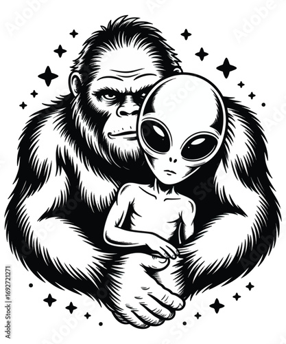 A striking black and white illustration portrays Bigfoot tenderly cradling a small alien.