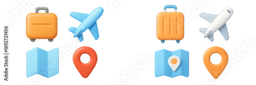 Travel and vacation icons set with luggage, airplane, map, and location pin symbols for journey planning