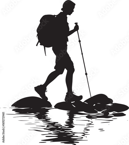 Water Crossing Hiker Individual navigating a river, stepping on rocks, black silhouette.