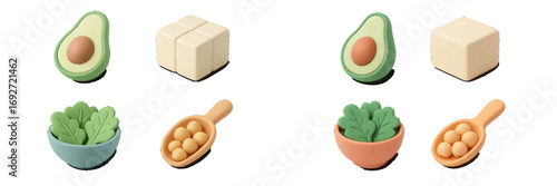 Isometric icon set of healthy plant-based food sources including avocado, tofu, leafy greens, and soybeans isolated on a white background