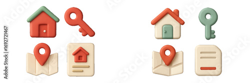 3D real estate icon set with house, key, map location pin, and property document for web and mobile applications