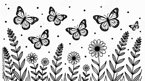 Butterflies flying over flowers in a field - Concept of coloring page for kids  