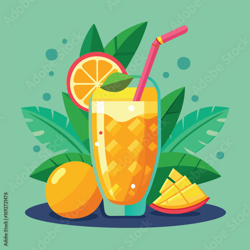 A glass of vibrant orange juice with tropical fruit.