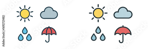 Weather icon set with sun, cloud, rain, and umbrella symbols for meteorology forecast and climate concepts