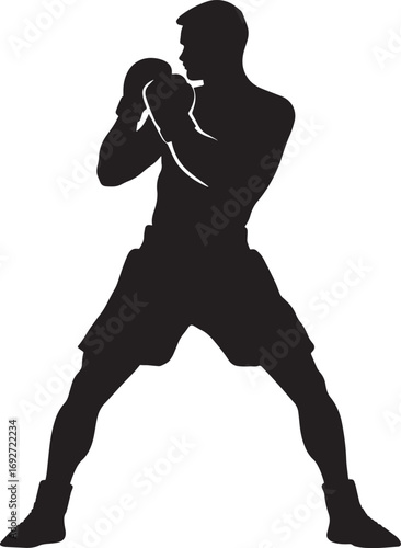 Cross Guard Stance Boxer with both fists near the face, ready for a cross punch, full-length silhouette vector.