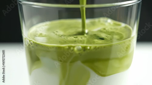 Close-up shot of a glass with a layered matcha latte, with green liquid pouring in.