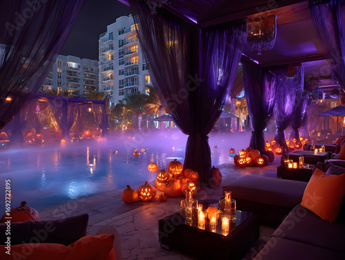 Halloween pumpkins at pool in luxury resort