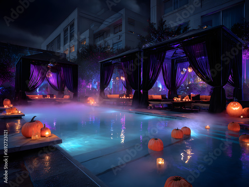 Halloween poolside celebration with cabanas and pumpkins