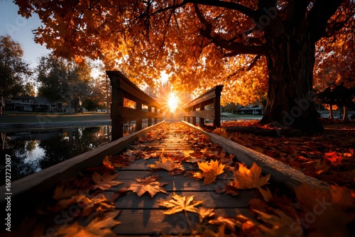 Holzbrücke mit buntem Herbstlaub und Sonnenuntergang im goldenen Herbst
