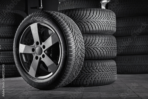 Car tires with a great profile in the car repair shop