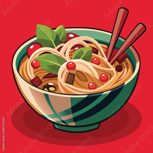 A bowl of Thai noodle soup with chopsticks is depicted.