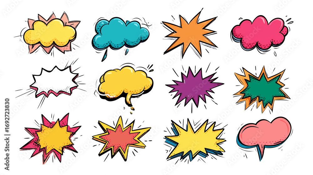 Fototapeta premium Collection of colorful flat design comic burst word speech bubbles and explosions for digital content creation transparent background