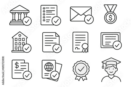 Academic Approval Icons. Line style icons of academic approvals: accepted university application, passed entrance test, approval