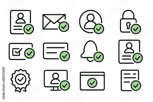 User Registration Icons. Line style icons of user registration approvals: sign-up form accepted, email confirmed input, verified