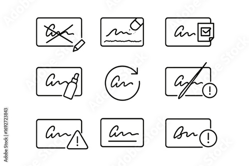 Signature Mistake Icons. Line style icons of signature mistakes and corrections: crossed-out signature, erased sign field,